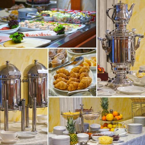 a collage of photos of a buffet with food at Actor Hotel Budapest in Budapest