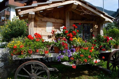 um carrinho de flores cheio de muitas flores em Hotel Panoramic em Auronzo di Cadore