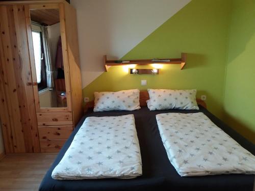 two beds in a room with green walls at Das Apfelhaus in Bachenbrock