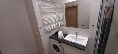 a bathroom with a sink and a washing machine at Garden Gates and Sadowa Apartments in Gdańsk