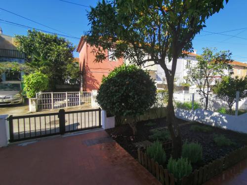 a fence and a tree in front of a house at Villa Coimbra - Casa Inteira in Coimbra