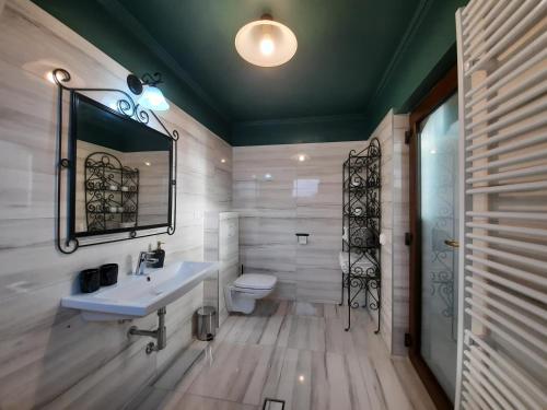 オドルヘユ・セクイエスクにあるKorona Panzióのバスルーム(洗面台、トイレ、鏡付)