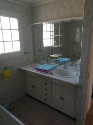 une salle de bain avec un lavabo et un miroir dans l'établissement CHEZ MARTINE Appt climatisé 2 Chambres, à Capbreton