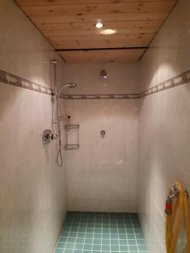 a bathroom with a shower and a tile floor at Ferienwohnung 2 Haus Dörfler in Abtenau