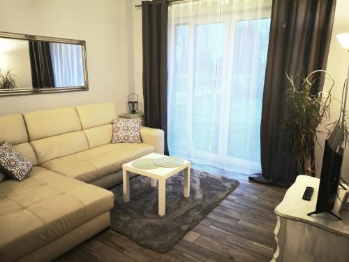sala de estar con sofá y mesa en Apartments by the beach, en Trzebież