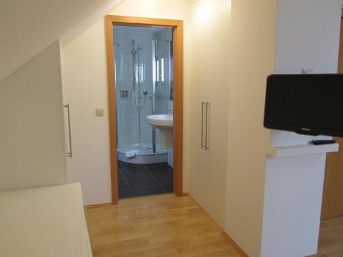 a bathroom with a shower and a toilet and a sink at Land-gut-Hotel Lohmann in Drensteinfurt