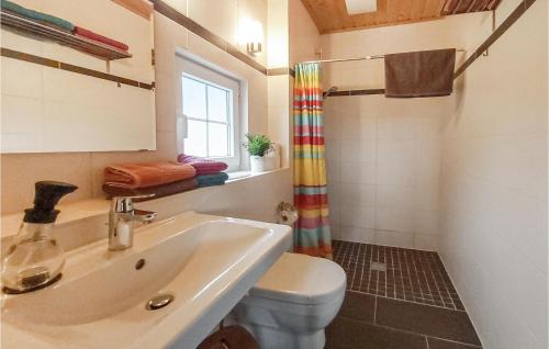 a bathroom with a sink and a toilet and a window at Lovely Home In Olbernhau With Wifi in Pfaffroda