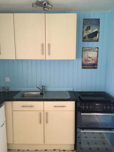 a kitchen with a sink and a stove at 185 Belle Aire, Beach Road, Hemsby, Norfolk, NR29 4HZ in Hemsby