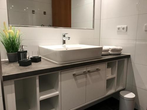 a bathroom with a sink and a mirror at Steiner Strandappartements Appartement 307 Süd- Landseite in Stein