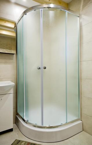 a shower with a glass door in a bathroom at Domek Pod Górą Żar in Międzybrodzie Żywieckie