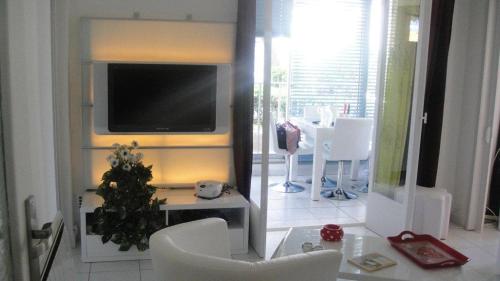 ein Wohnzimmer mit einem Weihnachtsbaum und einem TV in der Unterkunft T2 FRONT DE MER SUR LA PLAGE (ACCES PRIVE DIRECT PLAGE) VUE MER ET MONTAGNE in Argelès-sur-Mer