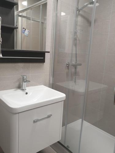 La salle de bains blanche est pourvue d'un lavabo et d'une douche. dans l'établissement Arsenal Highbury & Islington Beautifully Presented, à Londres