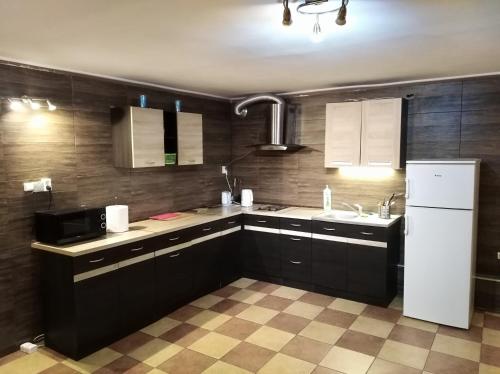 a kitchen with black cabinets and a white refrigerator at Pokoje Gościnne Strumykowa in Lublin