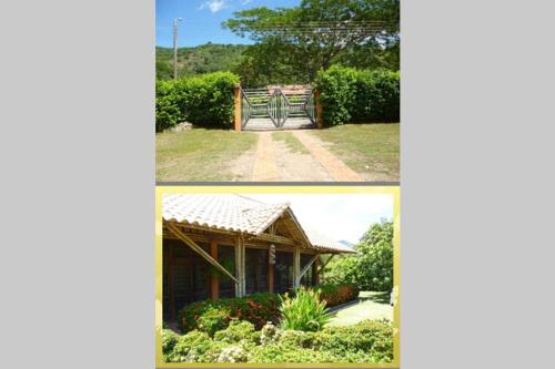 two pictures of a house with a gate and a garden at Finca el Lunar in Honda