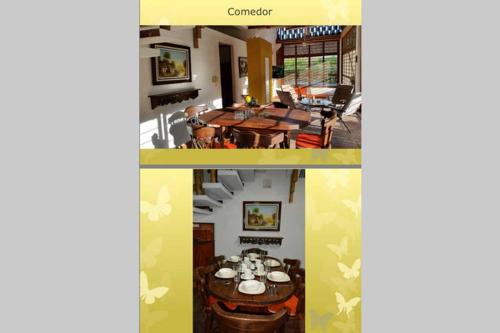 two pictures of a dining room with a table at Finca el Lunar in Honda