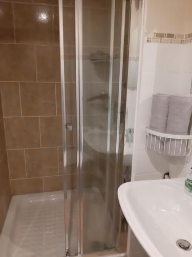 um chuveiro com uma porta de vidro ao lado de um lavatório em Chambre d'Hôtes avec Petit Déjeuner em Remilly-les-Pothées