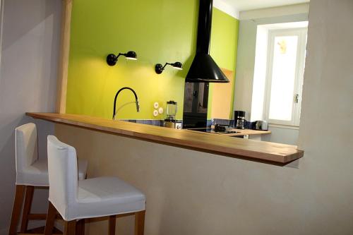 cocina con paredes verdes y encimera con fregadero en Les loges de la suite, en Prades