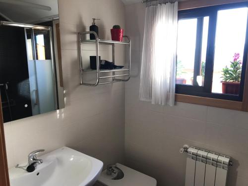a bathroom with a sink and a toilet and a mirror at APARTAMENTO MANUEL MARIA in Allariz