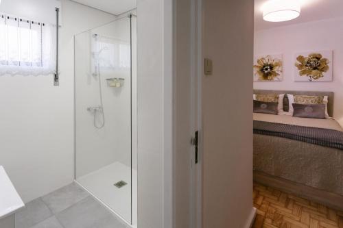 a bathroom with a shower with a glass door at Mumadona Apartment in Guimarães