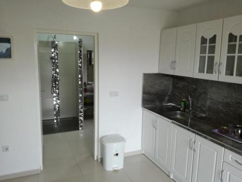 a kitchen with white cabinets and a sink at Apartmani Natura in Sanski most