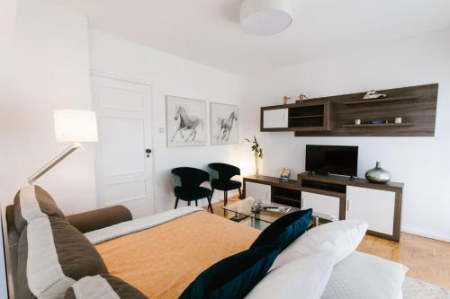 a living room with a bed and a tv at Mumadona Apartment in Guimarães