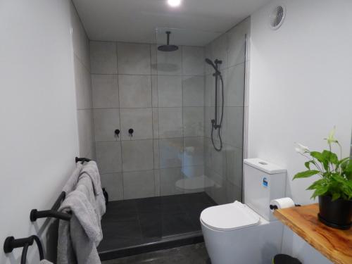 a shower stall in a bathroom with a toilet at Kaiteriteri Abel Tasman Inlet Views in Kaiteriteri