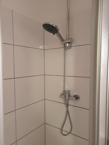 y baño con ducha con cabezal de ducha. en Ferienwohnung Am Paradies, en Bad Lauterberg