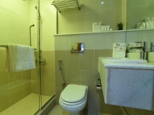 a bathroom with a toilet and a shower and a sink at Mirage Hotel in Dibba