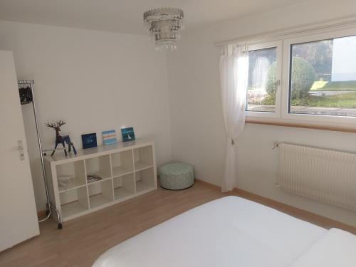 a white room with a bed and a window at GreenPlace City Apartment in Bern
