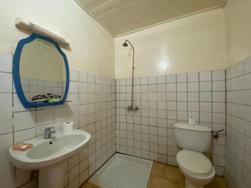 uma casa de banho com um WC, um lavatório e um espelho. em Hotel Levy's em Bangui