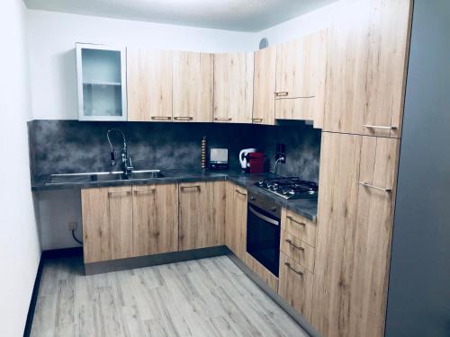 une cuisine avec des armoires en bois et un évier dans l'établissement Bella vita, à Thonon-les-Bains