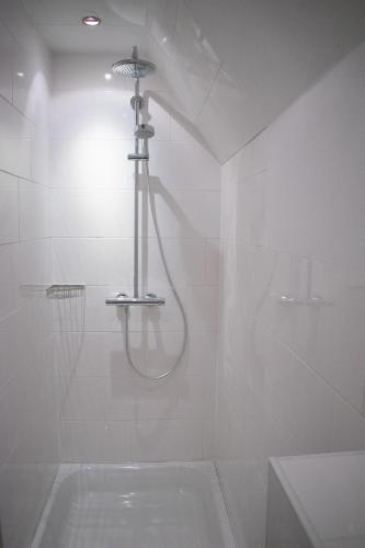 a bathroom with a shower with a sink and a tub at Jantjes lief appartement in Zwolle