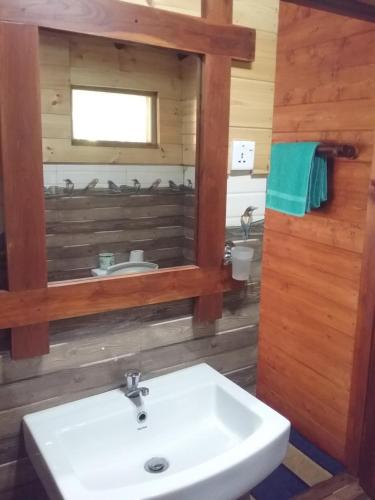 a bathroom with a white sink and a mirror at Jungle Face Inn in Ella