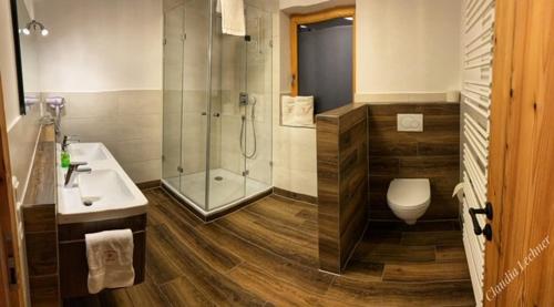 W łazience znajduje się prysznic, toaleta i umywalka. w obiekcie Berggasthof Hummelei w mieście Oberaudorf