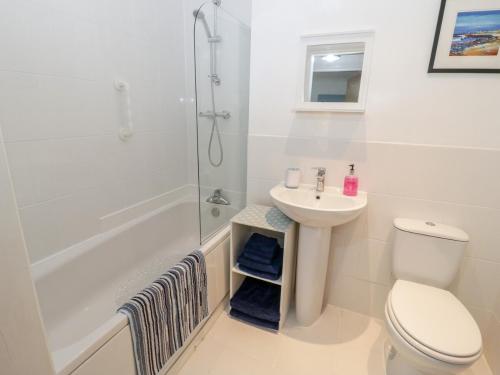 a bathroom with a toilet and a sink and a shower at 10 The Orchard in Colwyn Bay