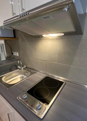 a kitchen with a stove and a sink at Wilsmann Apartmentvermietung in Hövelhof