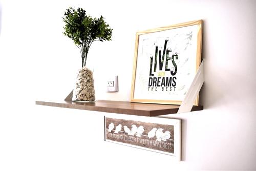a shelf with a plant and a picture on it at Luminosos y modernos departamentos en Rosario in Rosario