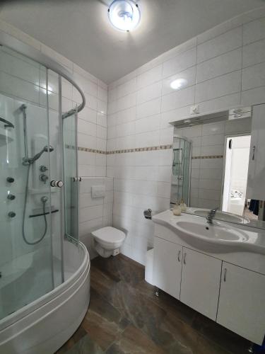 a bathroom with a sink and a shower and a toilet at Amazing sea view apartments Ljubic in Pag
