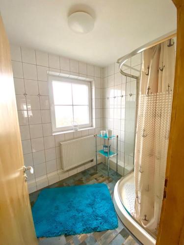 a bathroom with a shower and a blue rug at Ferienwohnung in Münchsmünster