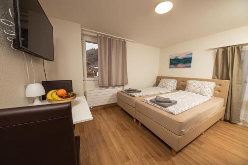 ein Wohnzimmer mit einem Sofa und einem Flachbild-TV in der Unterkunft Haus Astoria in Saas-Grund