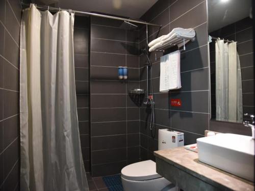 a bathroom with a toilet and a sink and a shower at Thank Inn Chain Hotel henan zhengzhou future road convention and exhibition center in Zhengzhou