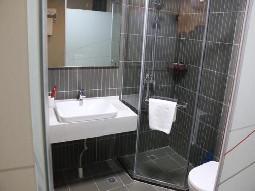 a bathroom with a sink and a shower with a mirror at Thank Inn Chain Hotel jiangsu taizhou hailing district yingchun road in Taizhou