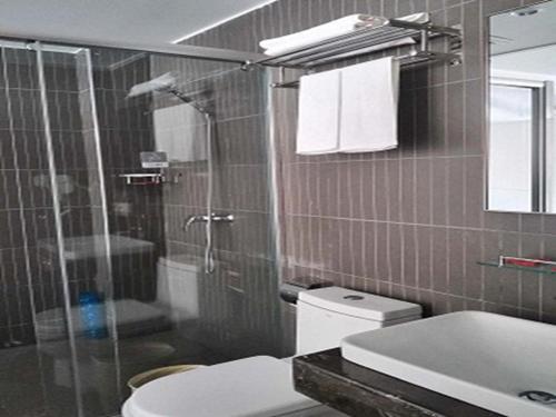 a bathroom with a shower and a toilet and a sink at Thank Inn Chain Hotel xizang changdu basu county county in Baima