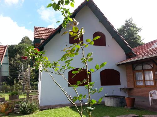 uma casa branca com janelas castanhas e uma árvore em marcita chalé em Monte Verde