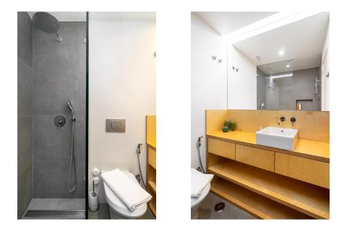 duas imagens de uma casa de banho com um chuveiro e um lavatório em WHome | Anjos Stylish Apartment #10 em Lisboa