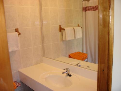uma casa de banho com um lavatório, um chuveiro e um espelho. em Hotel Victoria em Hanga Roa