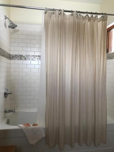 a bathroom with a shower curtain and a bath tub at Trail Creek Ranch in Wilson