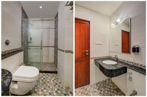 twee foto's van een badkamer met een toilet en een douche bij Metro Grand Hotel in Chennai