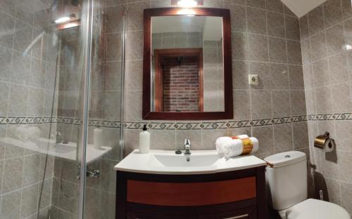 Siete Iglesias de TrabancosにあるCasa Rural Calderon de Medina IIIのバスルーム(洗面台、トイレ、鏡付)