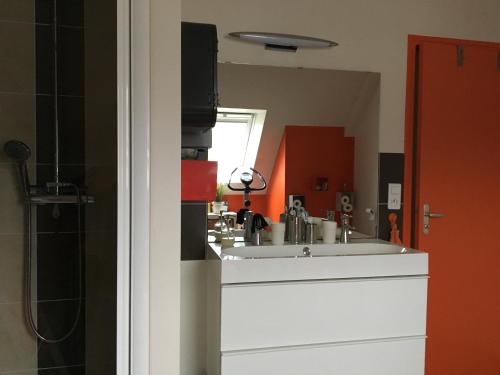 a bathroom with a white sink and a shower at chambres chez Brigitte et Patrick près du Mont st Michel in Saint-Quentin-sur-le-Homme